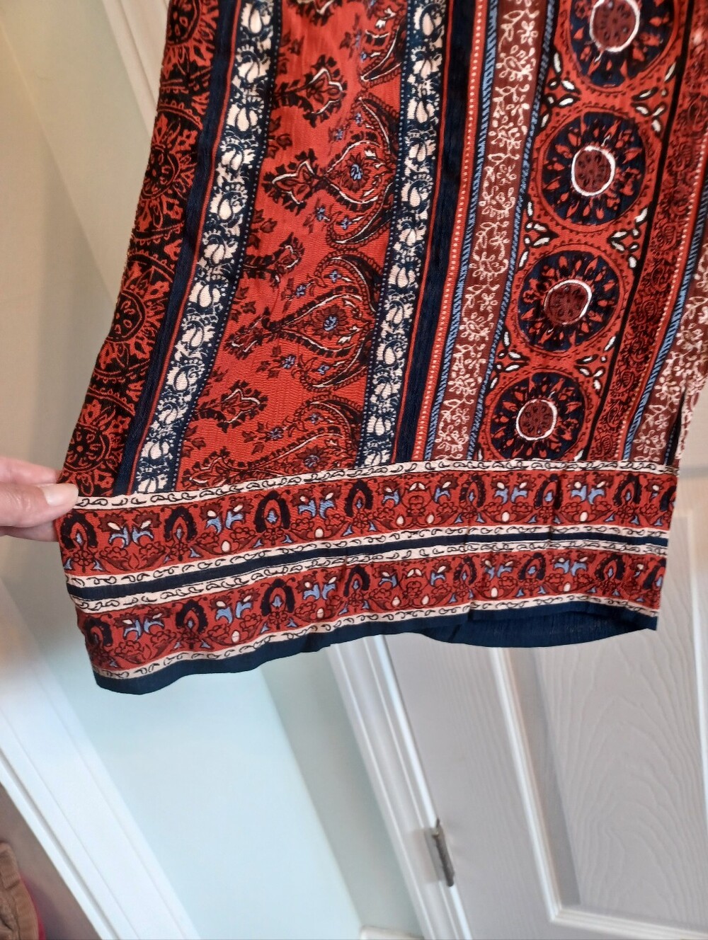 Flowy Red & Navy Printed Wide-Leg Elastic Waisted Pants Boho Festival Jrs XL
